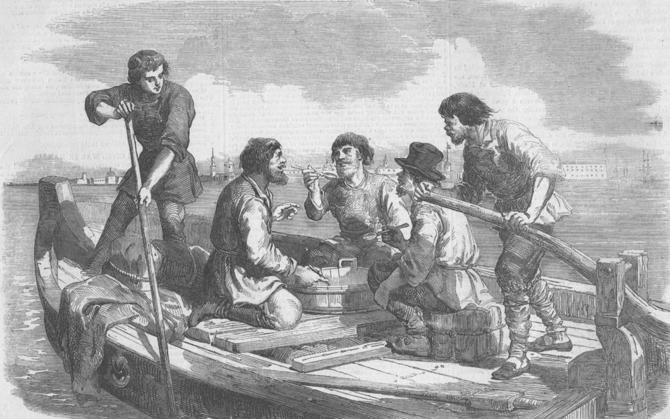 Associate Product RUSSIA. Boatmen of Neva, antique print, 1856