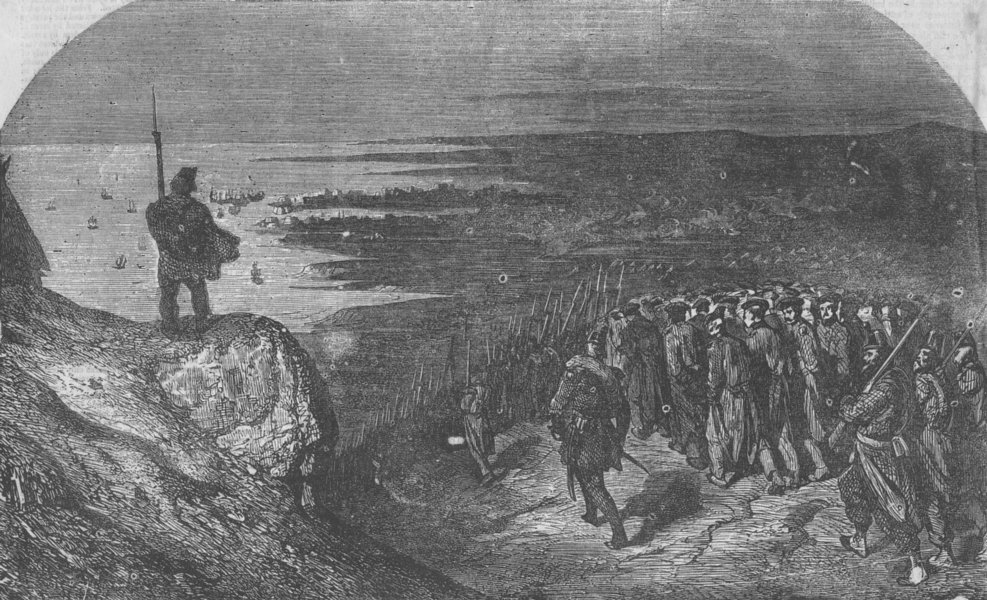 UKRAINE. Boarding of Russian prisoners, Kamiesch, antique print, 1855