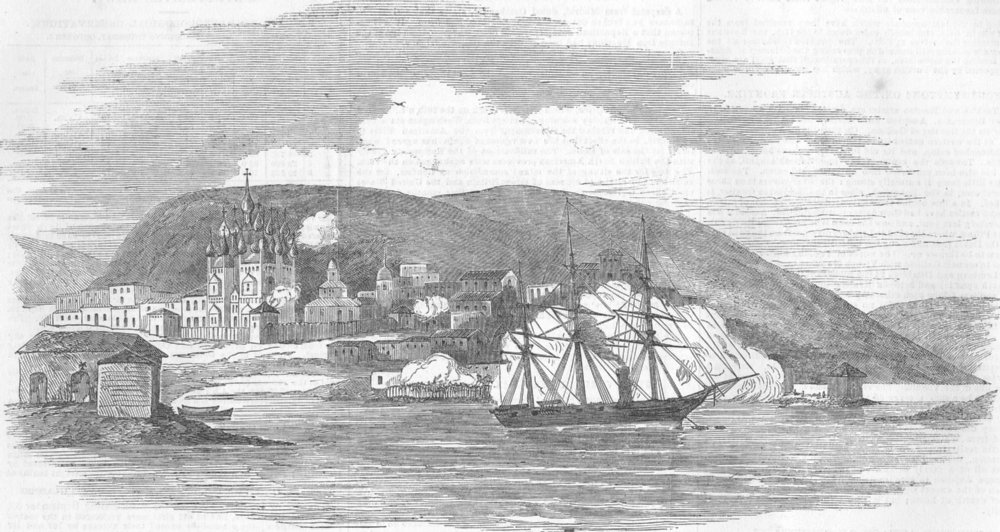 Associate Product RUSSIA. HMS Miranda destroying Kola, Lapland, antique print, 1854