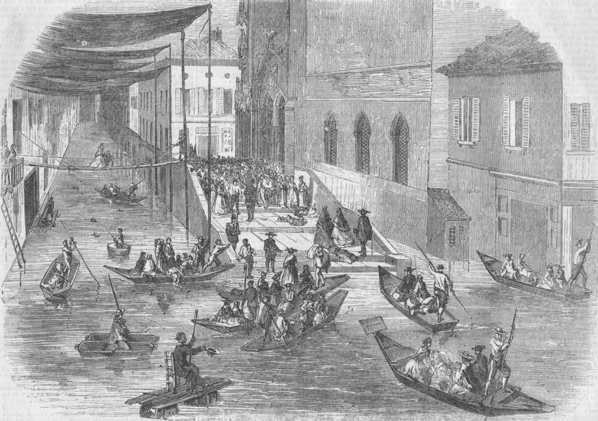 FRANCE. Floods, South of church St Agricol, Avignon, antique print, 1856