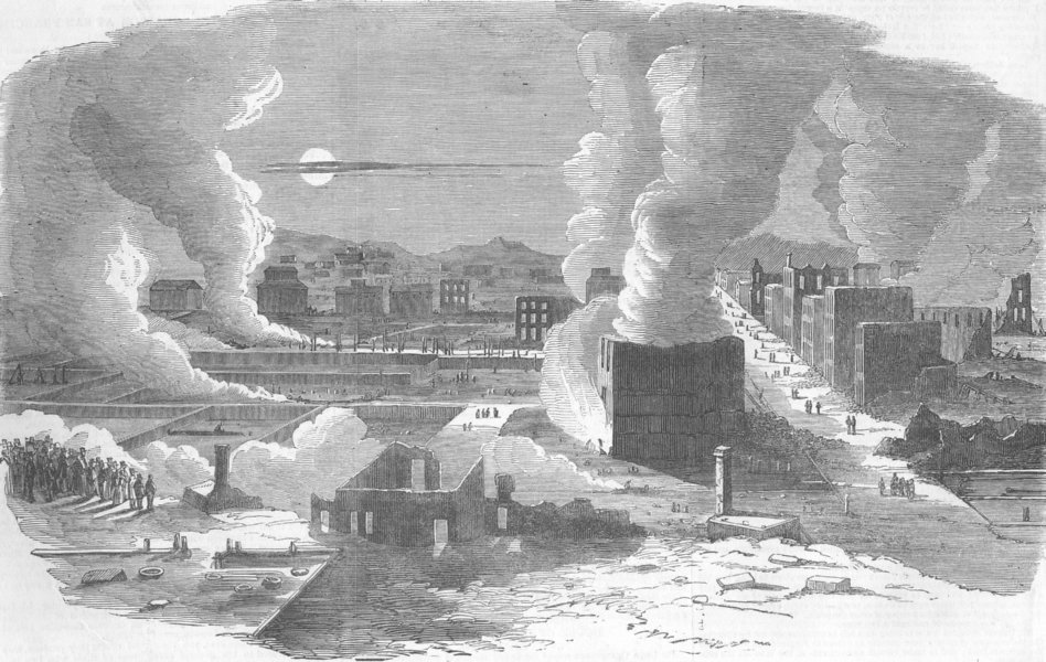 Associate Product SAN FRANCISCO. Fire damage, Pacific St, Montgomery St, antique print, 1851