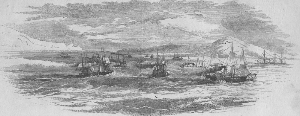 Associate Product UKRAINE. Allied Flotilla, Yenikale straits, Azov sea, antique print, 1855