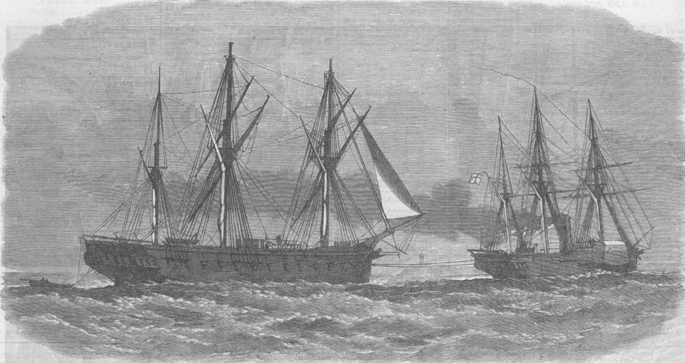 Associate Product FALKLANDS. Spiteful tows Spanish ship, Port Stanley, antique print, 1866