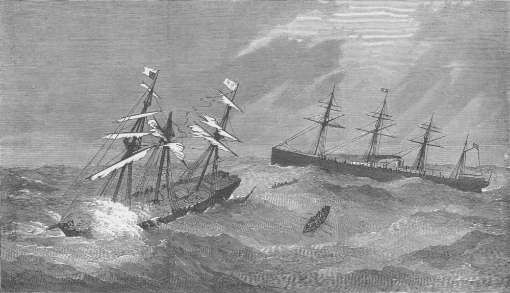 Associate Product SHIPS. Baltic rescuing Assyria crew during storm, antique print, 1872