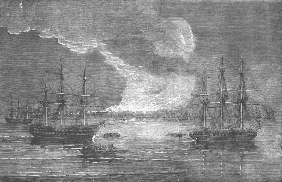 BULGARIA. Destructive fire at Varna, antique print, 1854
