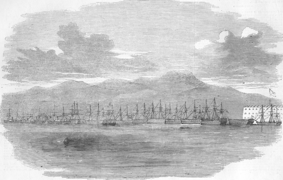 Associate Product SEVASTOPOL. Russian fleet moored, guns of, under , antique print, 1854