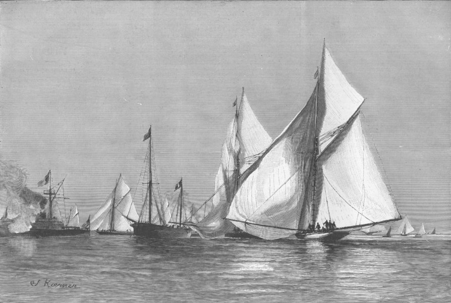 FRANCE. Nice Regatta-Yachts rounding judge's ship, antique print, 1892