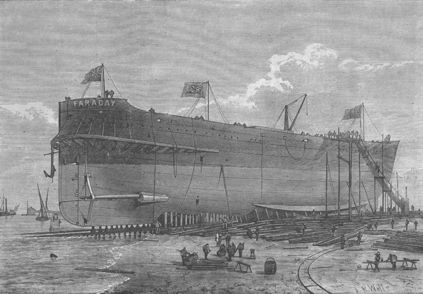Associate Product SHIPBUILDING. Faraday launch, telegraph cable ship, antique print, 1874