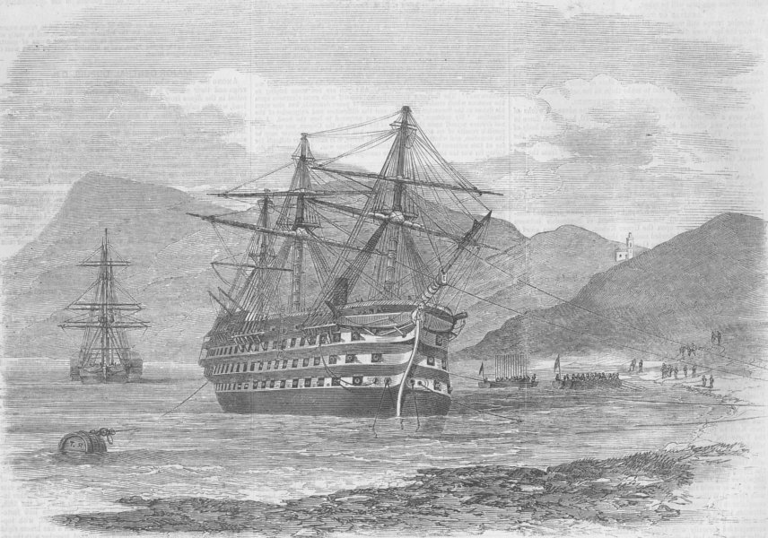 GREECE. HMS Royal Albert-ground, Island of Zea, antique print, 1856
