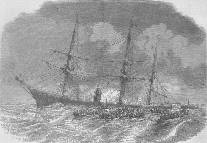 SHIPS. Lyonnais. passengers quitting sinking ship, antique print, 1856
