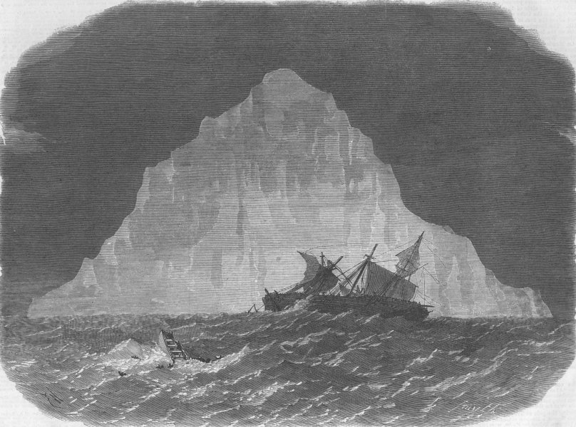 ANTARCTICA. Indian Queen hits Iceberg, South Pacific, antique print, 1859