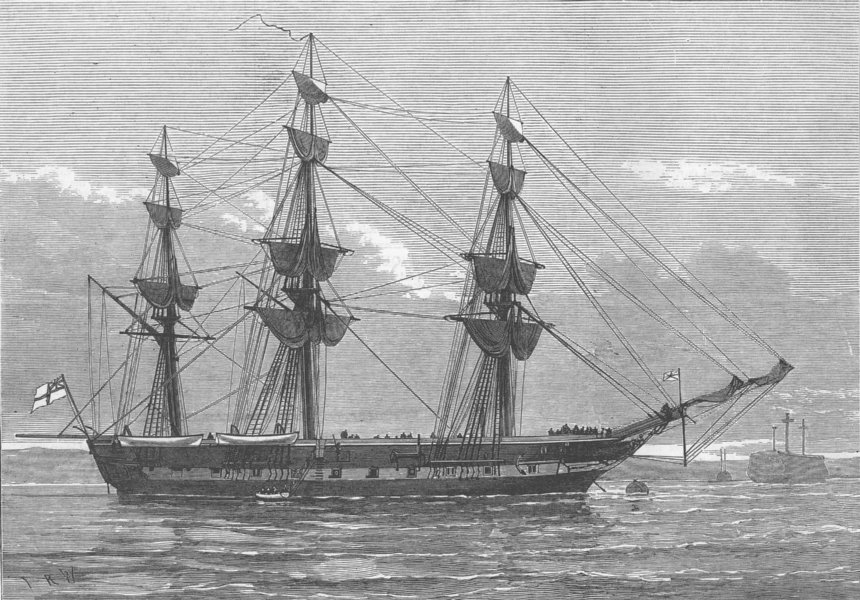 HANTS. HMS Eurydice as she lay, Portsmouth Harbour, antique print, 1878
