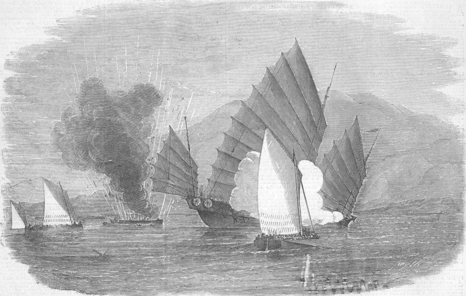 Associate Product CHINA. Royal Navy chasing Pirates, Pinghai Bay, antique print, 1855