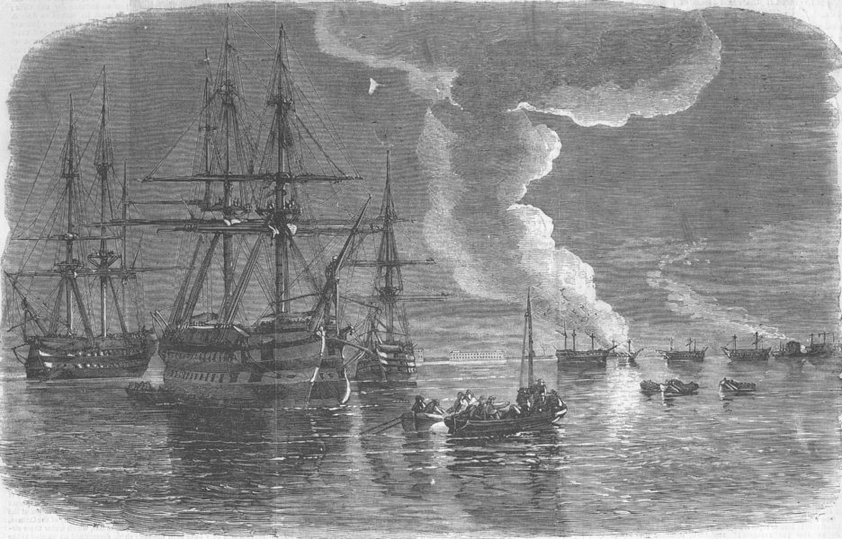 Associate Product UKRAINE. Sevastopol. Russian ship ablaze, Harbour, antique print, 1855