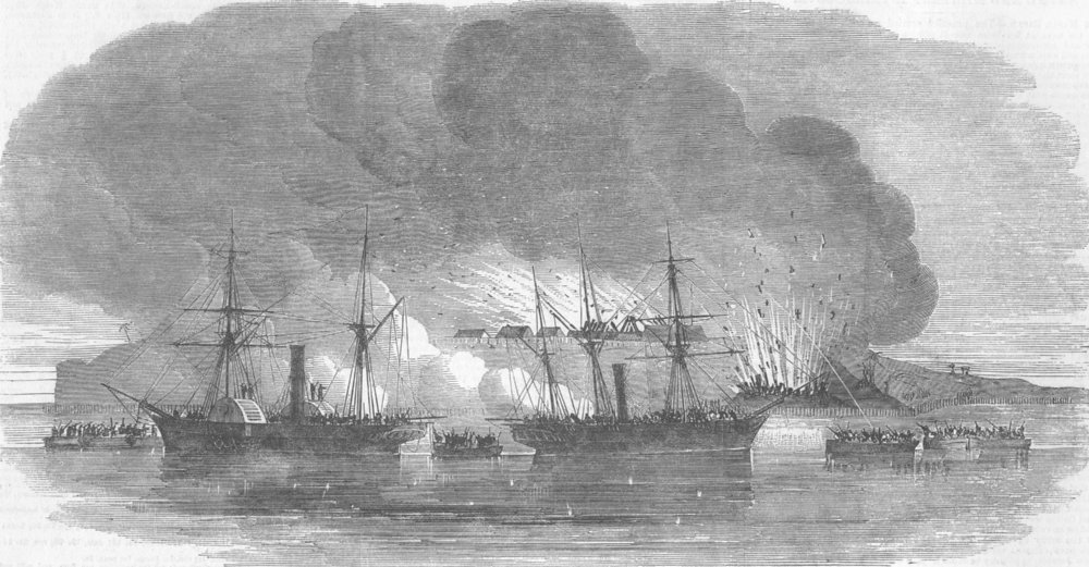 NIGERIA. Destruction of Lagos by the British fleet, antique print, 1852