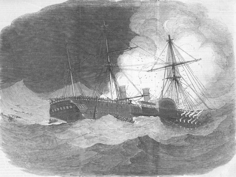 Associate Product SHIPS. Amazon Mail ship ablaze-Survivors, lifeboats, antique print, 1852