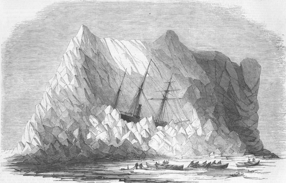 ARCTIC. HMS Intrepid 40 feet up an iceberg in Baffin's Bay, antique print, 1851