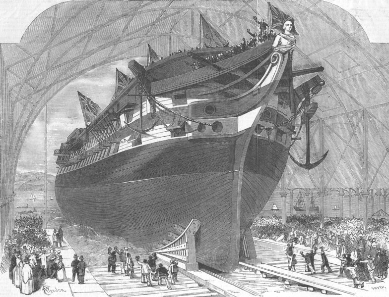 Associate Product WALES. Launch. James Watt, Royal docks, Pembroke, antique print, 1853