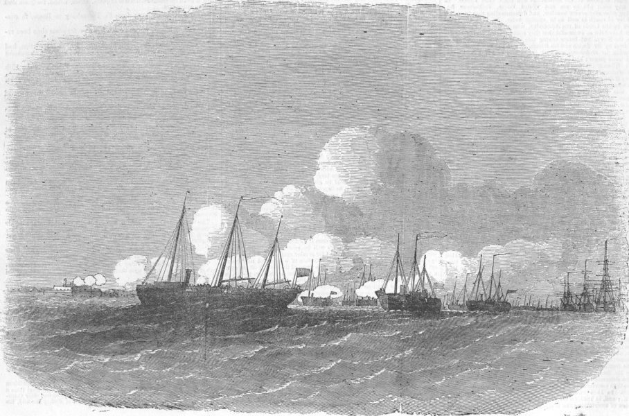 HANTS. Gunboats attacking Southsea Castle, antique print, 1856