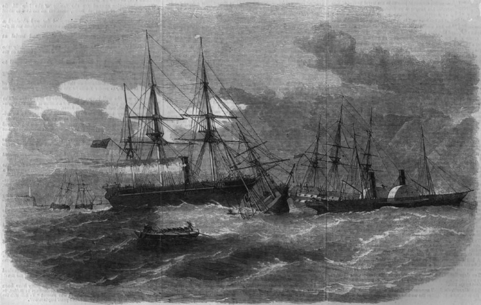 Associate Product IRELAND. ships colliding, Dún Laoghaire Harbour, antique print, 1856