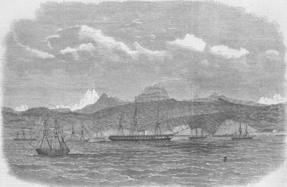 CHILE. Spanish blockading fleet, Valparaiso , antique print, 1866