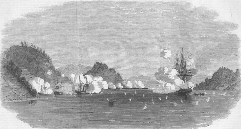 Associate Product JAPAN. Attack on Dutch war-ship Medusa, Simonoseki, antique print, 1863
