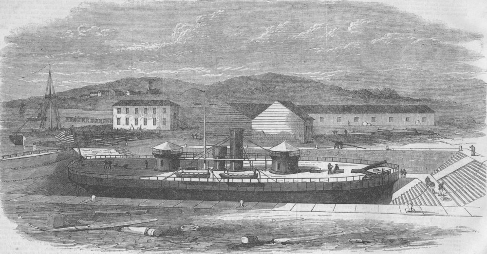 NEW YORK. US Ironclad Miantonomah, dry dock, Navy Yd , antique print, 1866