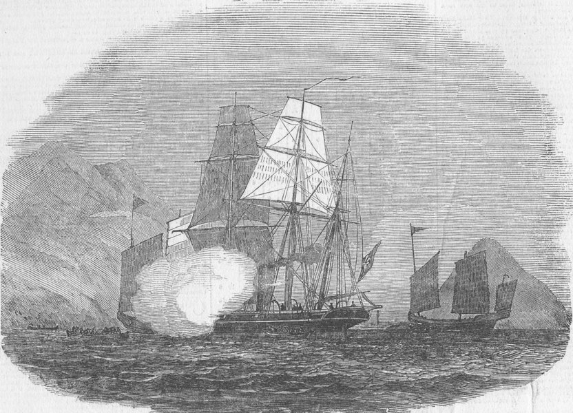 CHINA. HMS Reynard capturing; Pirate Junks, Hong Kong, antique print, 1850