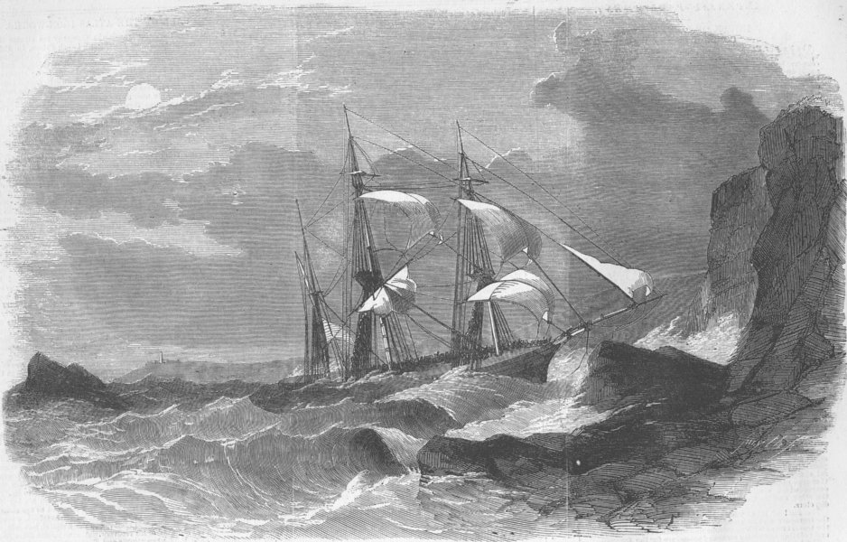 CORNWALL. Wreck of Emigrant Ship John, antique print, 1855