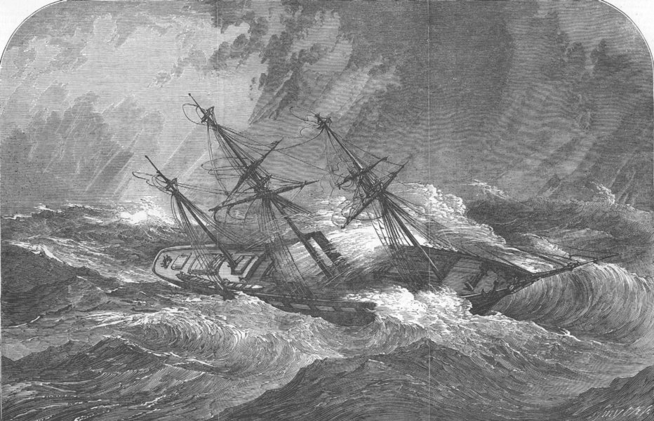 MAURITIUS. Royal Mail Ship Kolkata, Hurricane, antique print, 1853