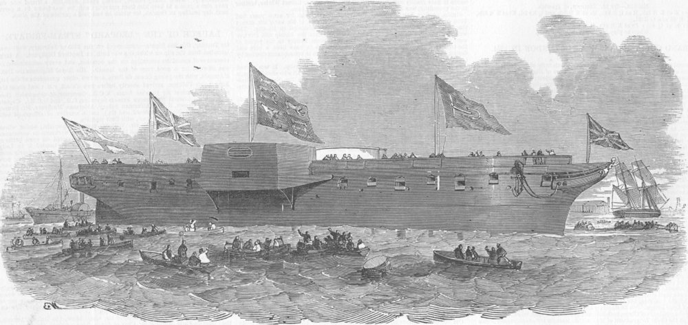 KENT. Launch. ship Leopard, Deptford , antique print, 1850