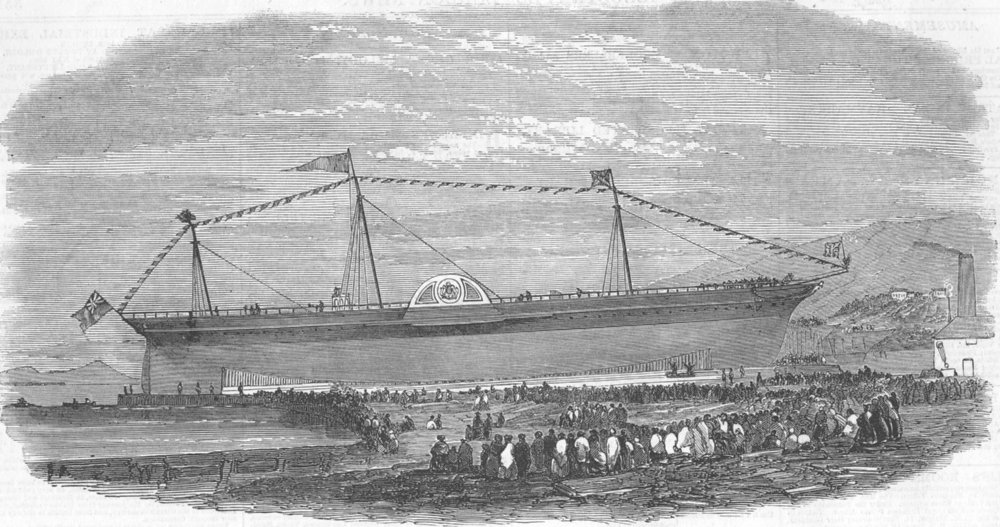 Associate Product SCOTLAND. Launch. iron Ship Atrato, Greenock, antique print, 1853