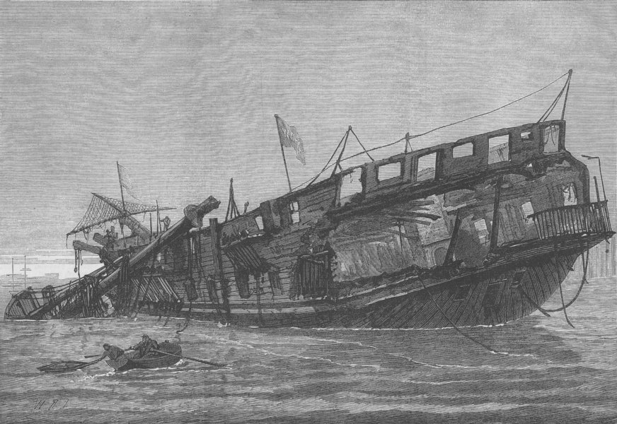 MILITARIA. Wreck of Warspite training-ship, low tide, antique print, 1876