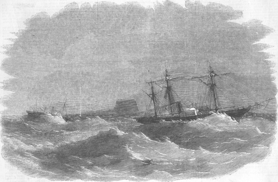 SHIPS. Inflexible towing Starling gunboat, antique print, 1857
