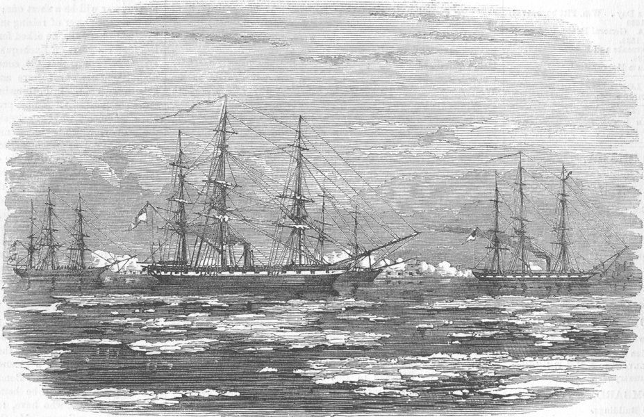 Associate Product RIGA. HMS Amphion & Cruiser capturing; Russian ships, antique print, 1854