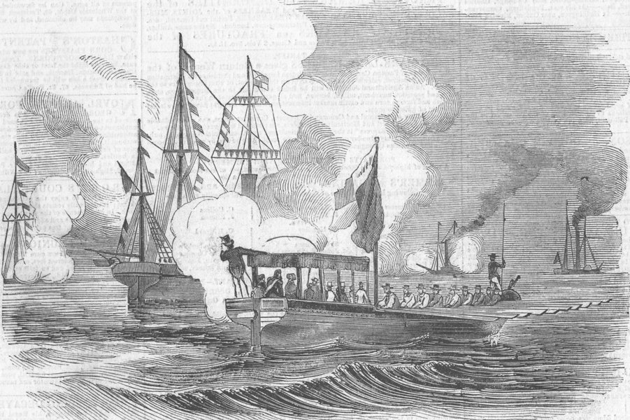 SHIPS. The parting salute, antique print, 1843