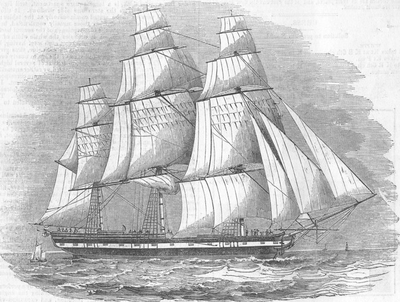 LONDON. New American line-ship Victoria, antique print, 1843