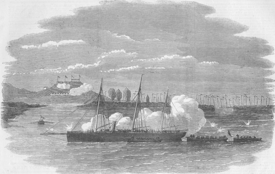 1857 Mandarin junks CHINA antique print escape creek Gunboat attack 