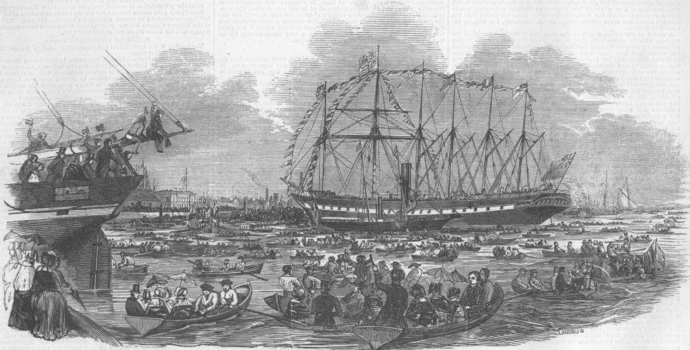 Associate Product SOCIETY. Queen's trip to Gt Britain Ship , antique print, 1845