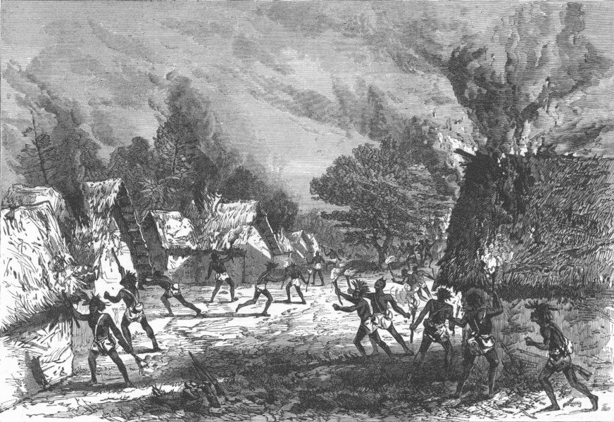 Associate Product GHANA. Lord Gifford's scouts burning a village. Ashanti Wars, old print, 1874