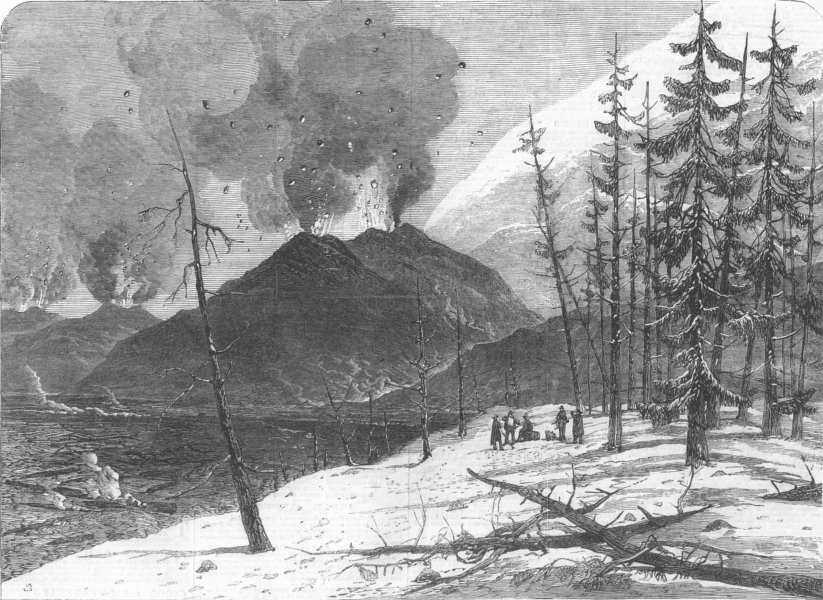ITALY. Eruption of Mount Etna, antique print, 1865