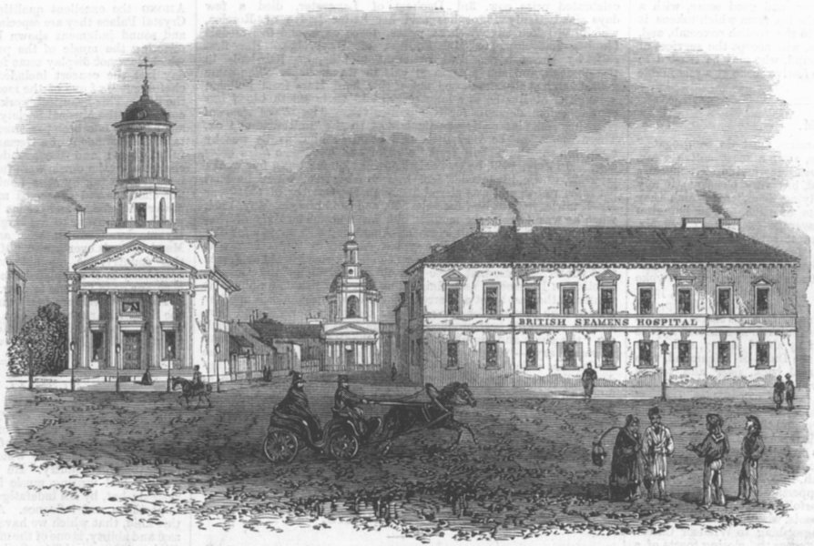 Associate Product RUSSIA. British Seamens Hospital & church, Kronstadt, antique print, 1866