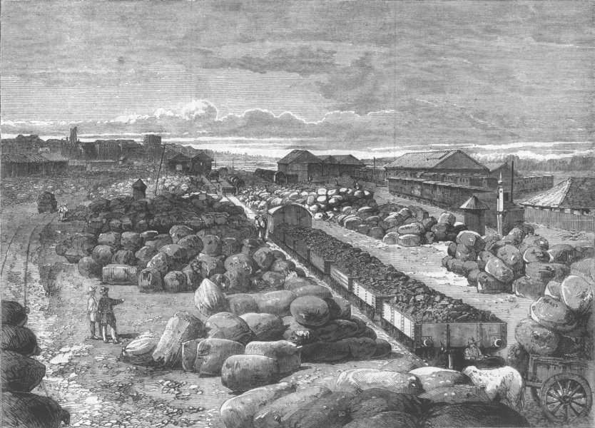 Associate Product INDIA. Cotton Bales for export, Mumbai Station, antique print, 1862