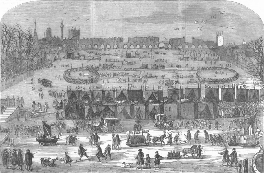 Frost Fair on the frozen Thames in the 17th century, London, antique print, 1855
