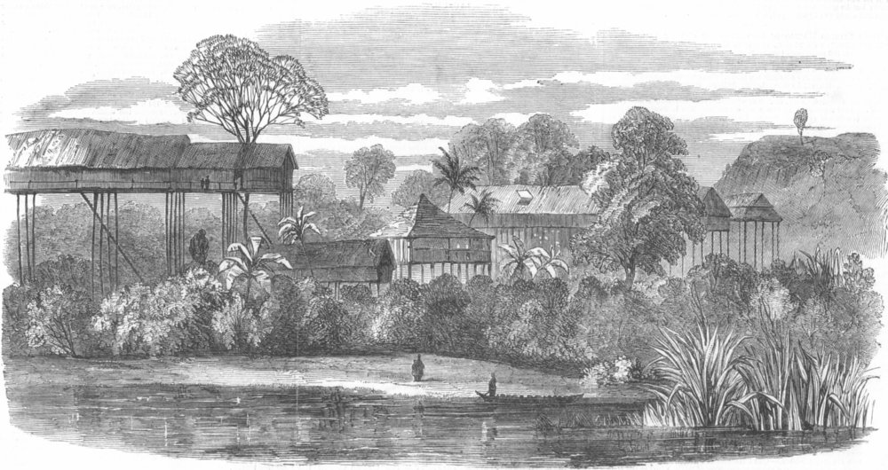 MALAYSIA. Town of Kanowit, River Rajang, Borneo, antique print, 1849
