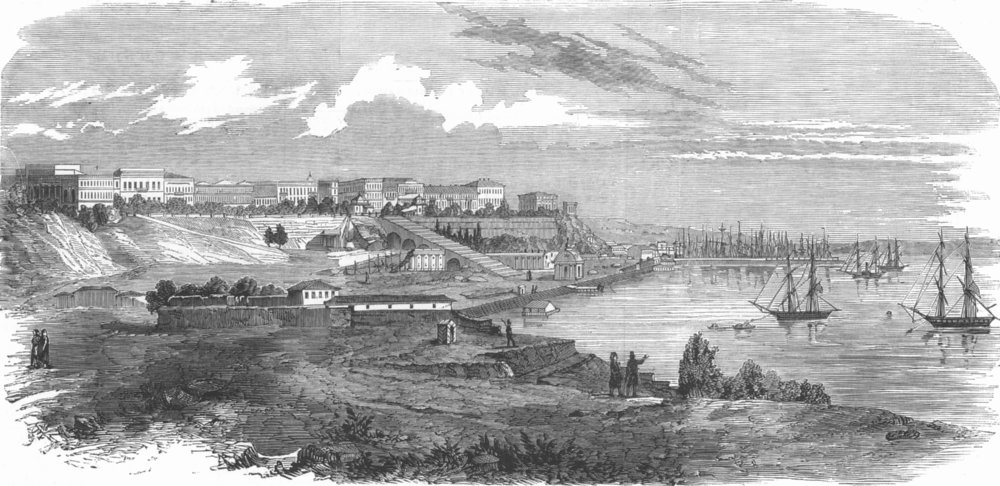 UKRAINE. Odessa-the harbour and boulevard, antique print, 1853