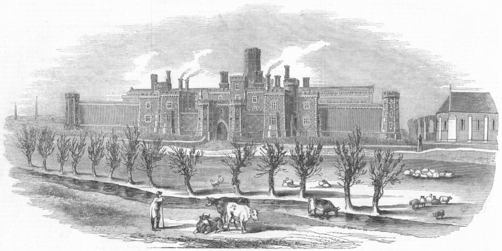 Associate Product BERKS. The new Gaol, at Reading, antique print, 1844