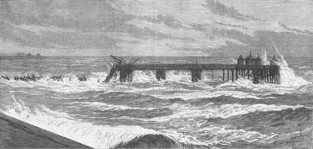 Associate Product Partial destruction of Eastbourne Pier, Sussex, antique print, 1877