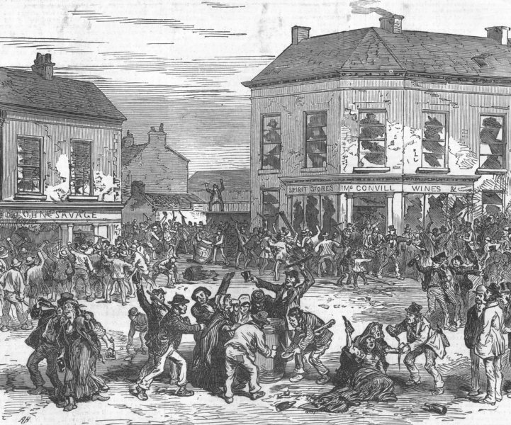 Associate Product IRELAND. Belfast Riots. Vandalism & stealing spirits, antique print, 1872