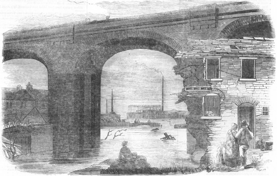 WARCS. flood at Birmingham, below Deritend Bridge, antique print, 1852